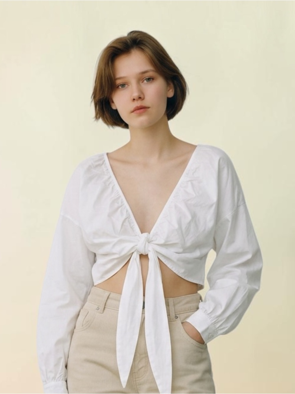 PrettyLittleThing Plus White Tie-Front Long Sleeve Crop Top Size 16